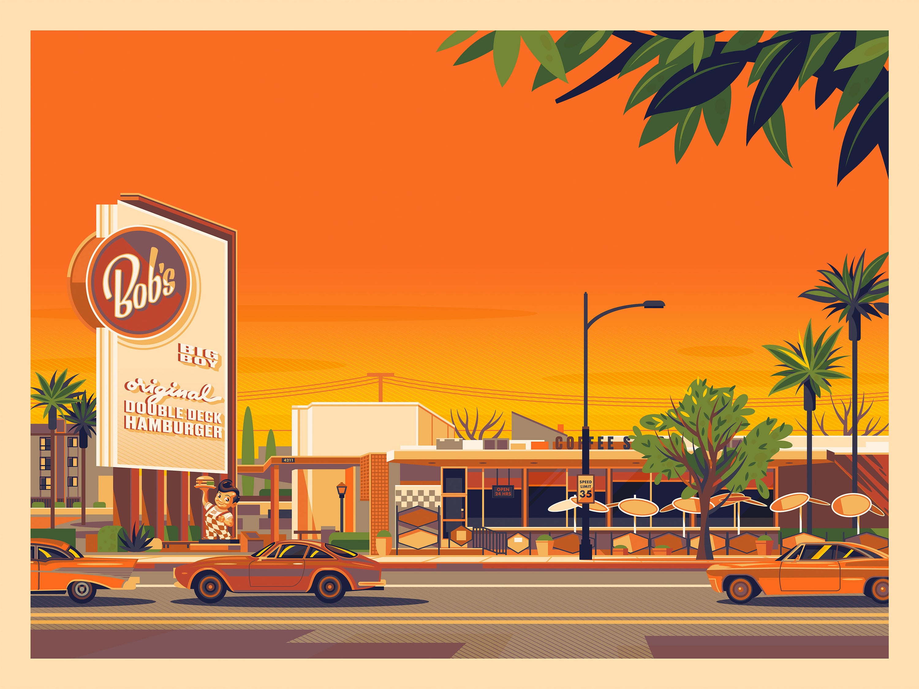 Bob's Big Boy Sunset Los Angeles Art Print by George Townley