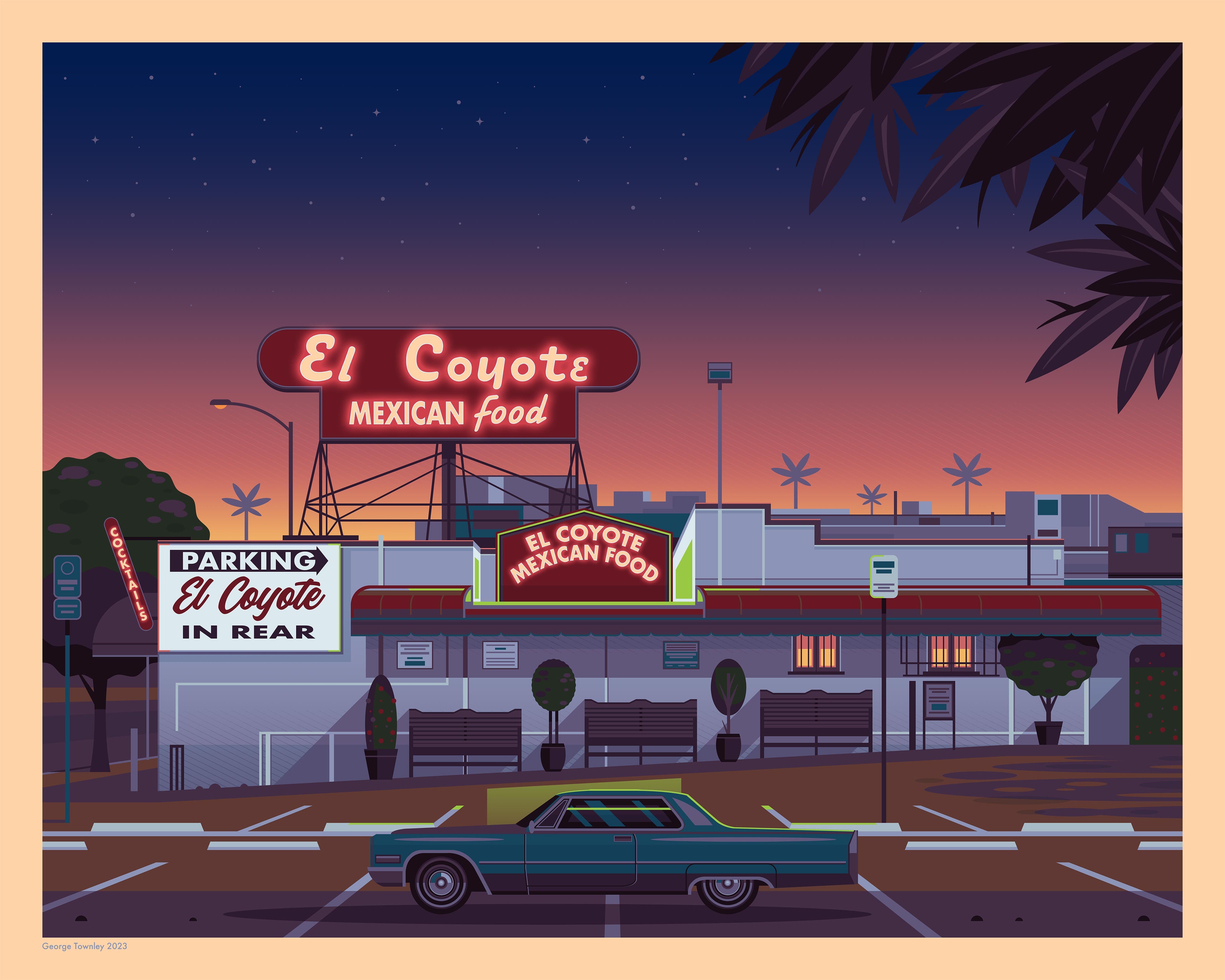 El Coyote Cafe Illustration, Los Angeles Art Print by George Townley