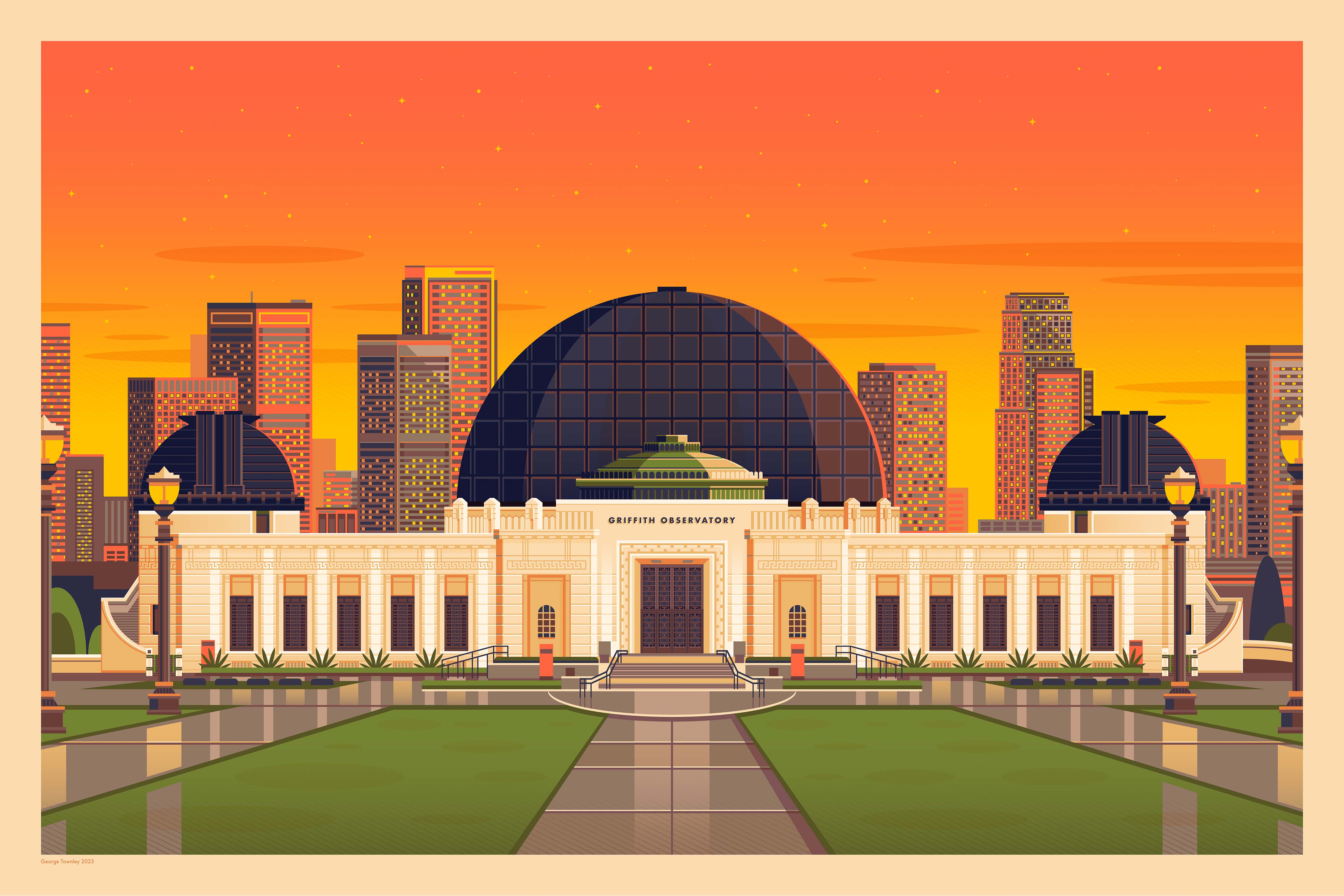 Griffith Observatory Illustration, Los Angeles Art Print by George Townley