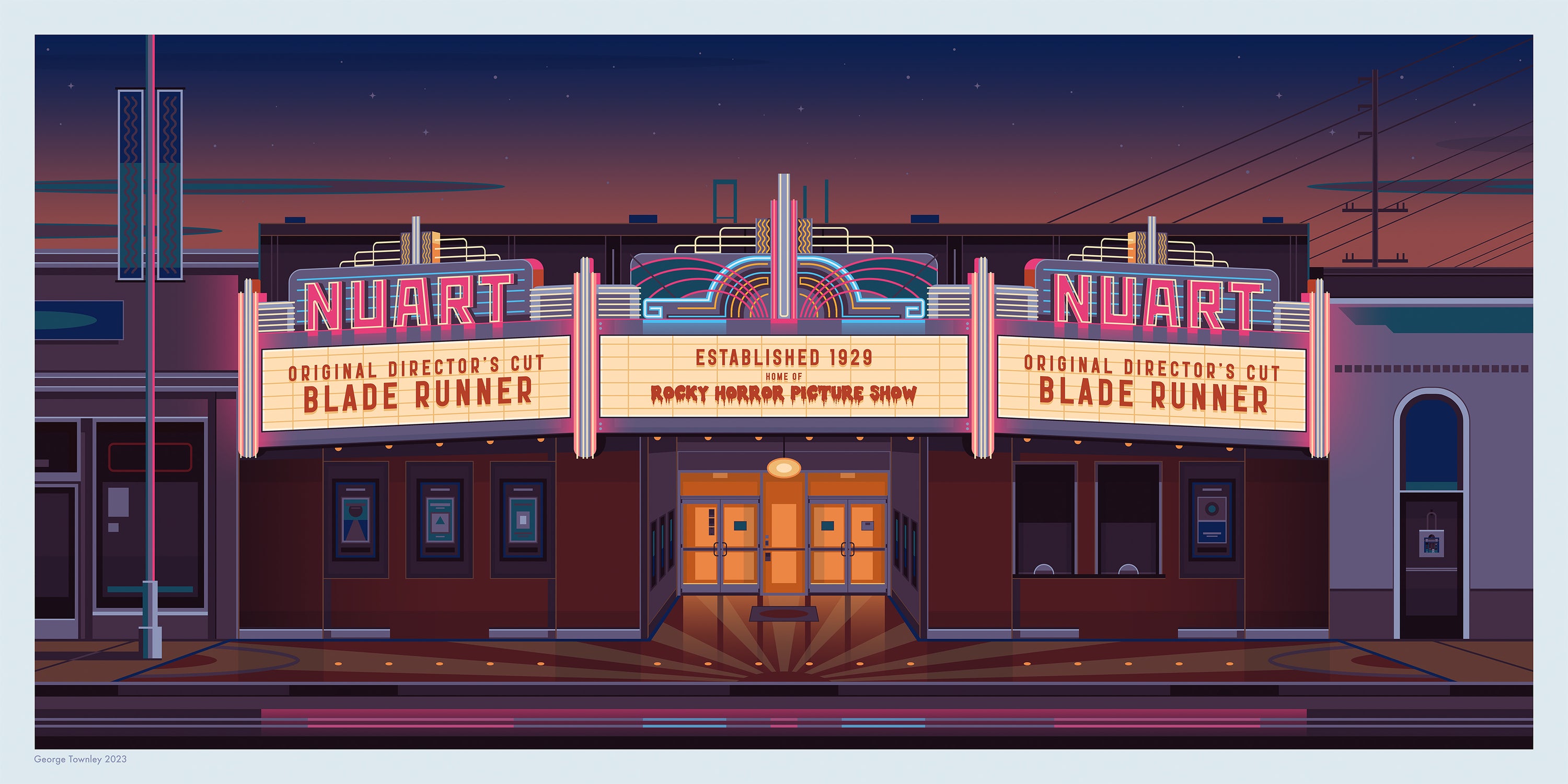 Nuart Theatre Night Los Angeles Art Print by George Townley