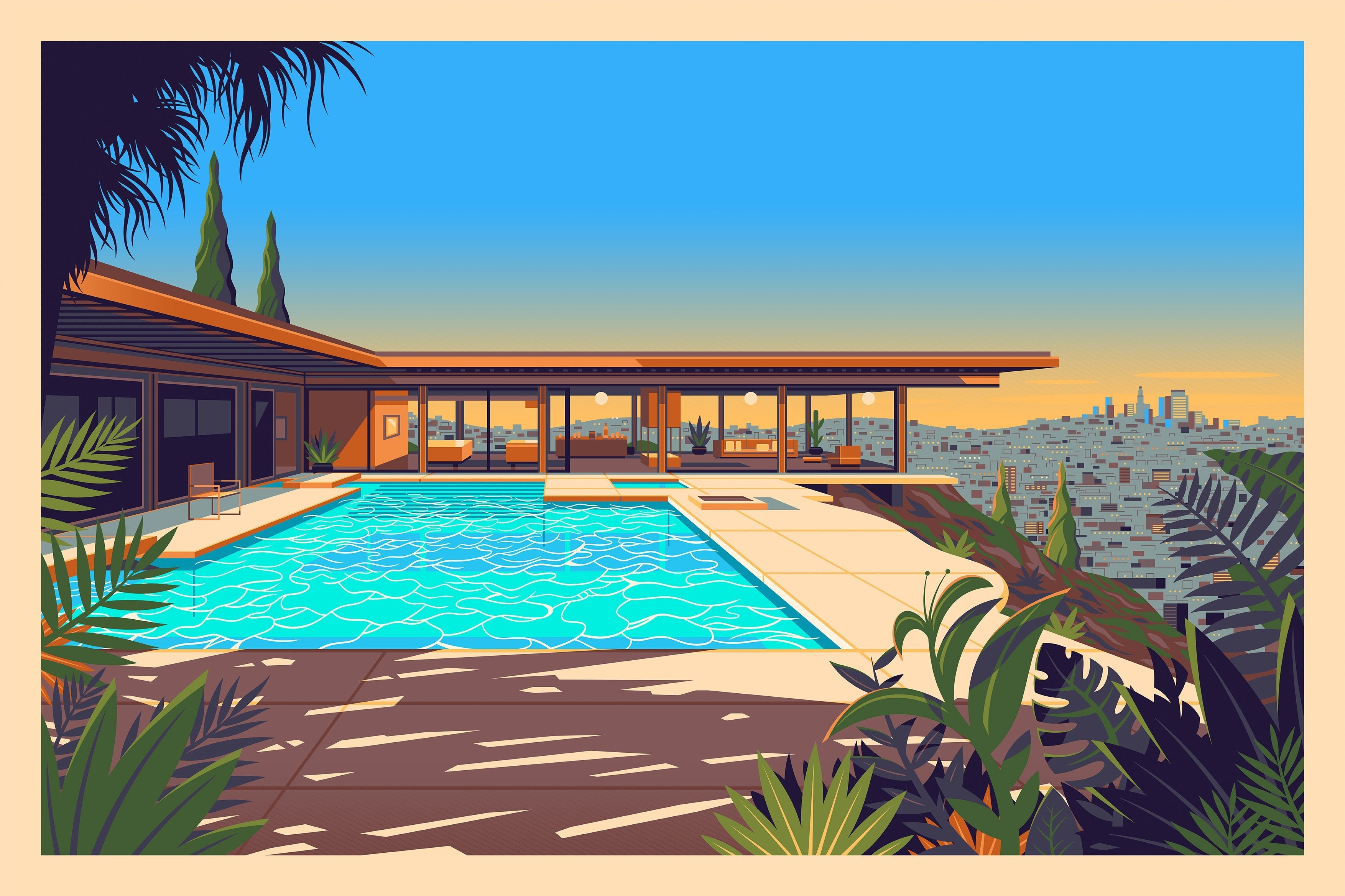 Stahl House Illustration, Los Angeles Art Print by George Townley