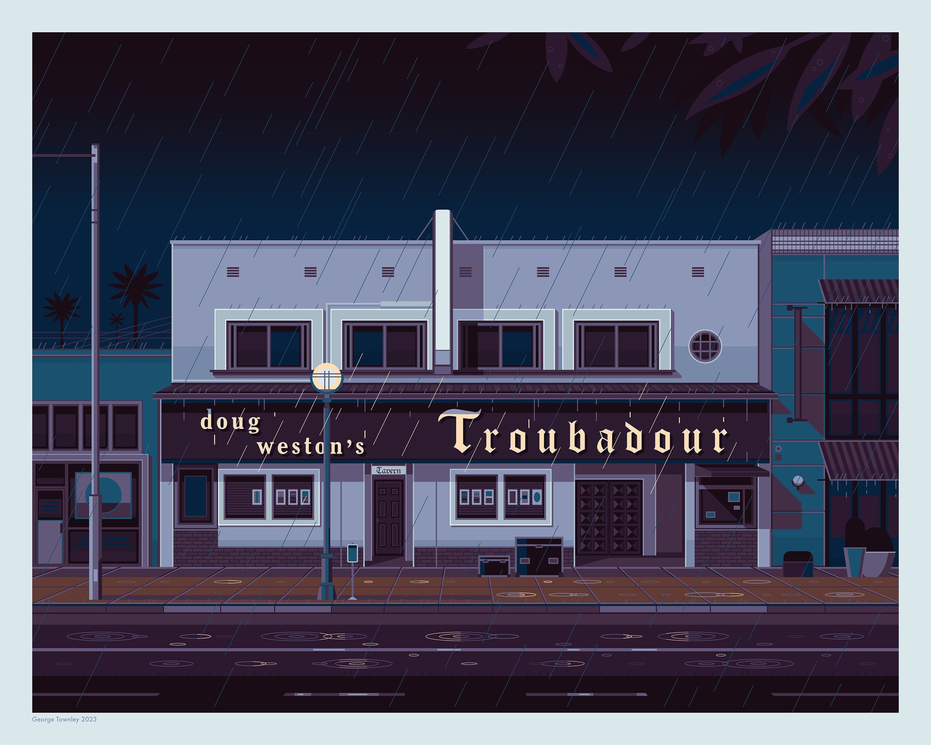 Troubadour illustration of a Los Angeles landmark by George Townley – detailed architectural art print capturing the iconic landmark