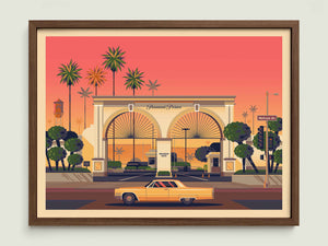 Paramount Pictures Gate illustration of a Los Angeles landmark by George Townley – detailed architectural art print capturing the iconic landmark
