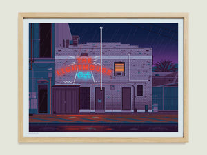 The Lighthouse Cafe illustration of a Los Angeles landmark by George Townley – detailed architectural art print capturing the iconic landmark