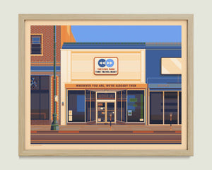 Echo Park Time Travel Mart illustration of a Los Angeles landmark by George Townley – detailed architectural art print capturing the iconic landmark