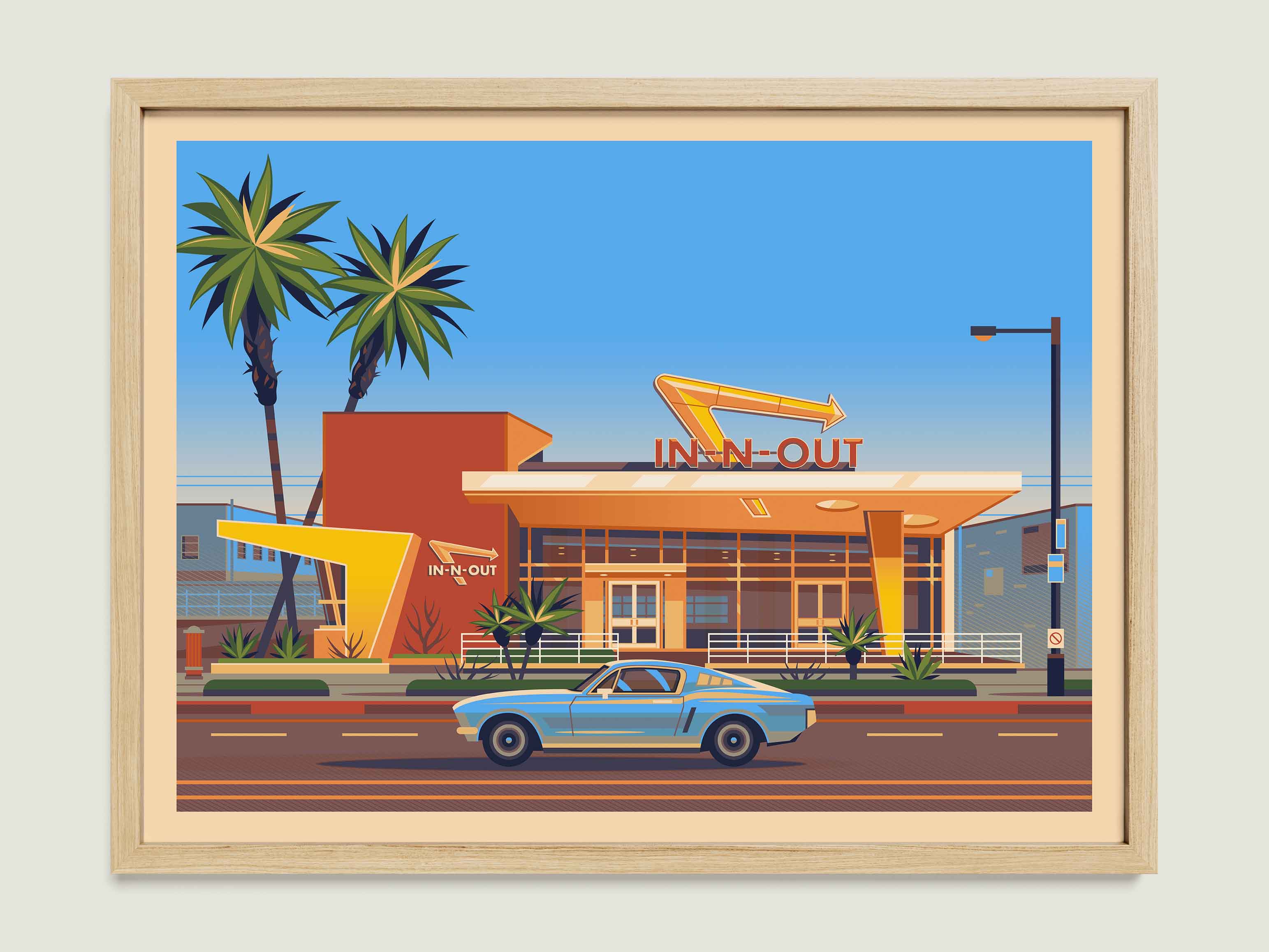 In - N - Out Westwood illustration of a Los Angeles landmark by George Townley – detailed architectural art print capturing the iconic landmark