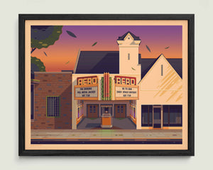 Aero Theatre illustration of a Los Angeles landmark by George Townley – detailed architectural art print capturing the iconic landmark