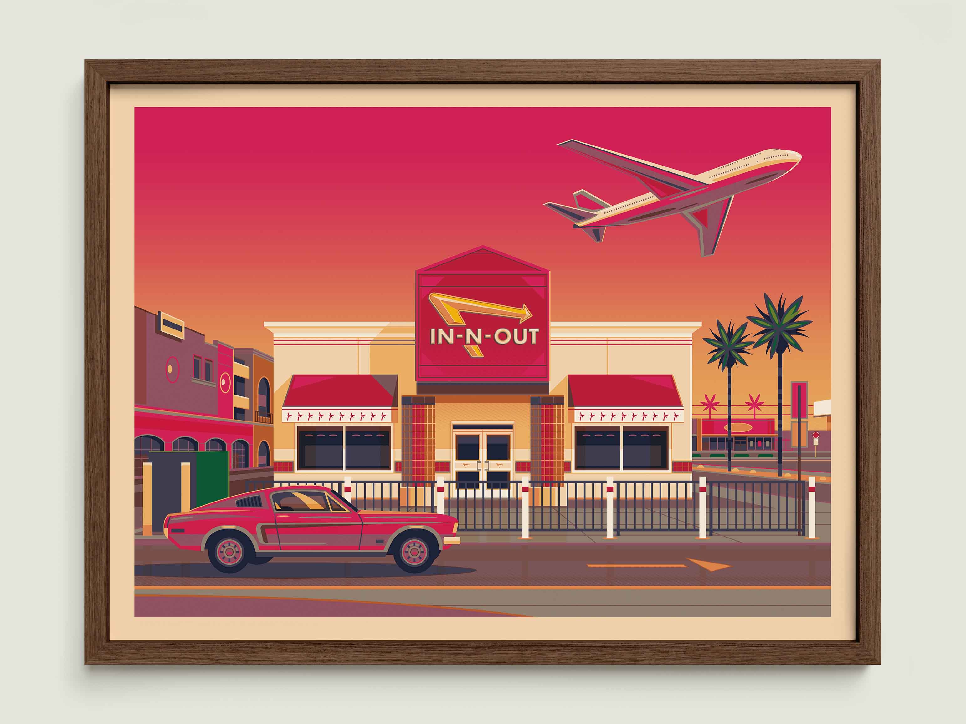 In - N - Out LAX illustration of a Los Angeles landmark by George Townley – detailed architectural art print capturing the iconic landmark