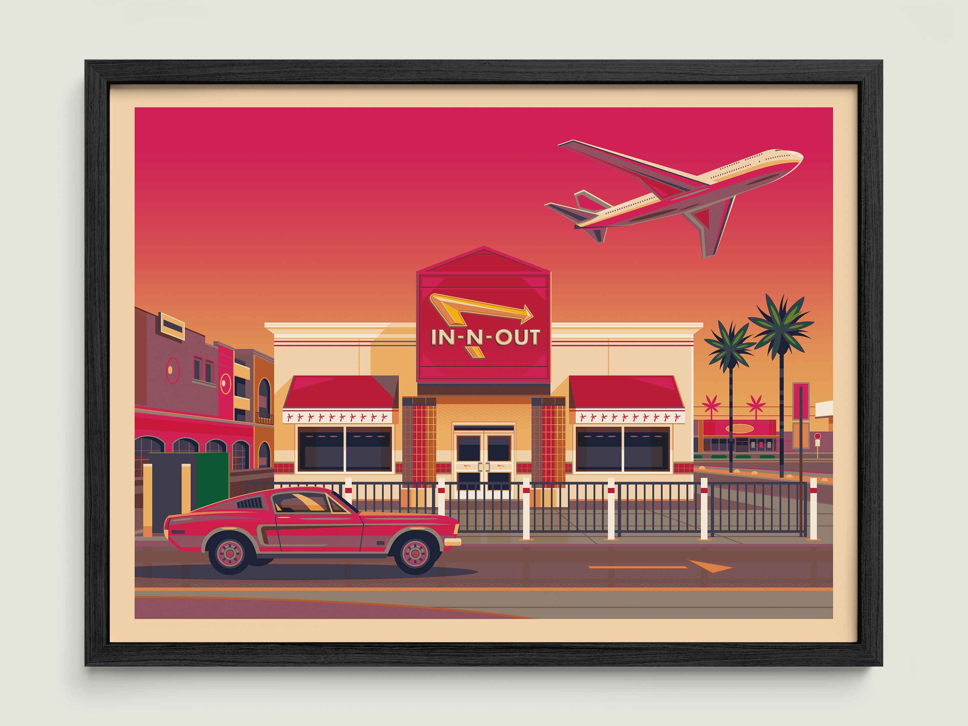 In - N - Out LAX illustration of a Los Angeles landmark by George Townley – detailed architectural art print capturing the iconic landmark