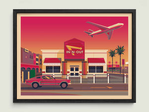 In - N - Out LAX illustration of a Los Angeles landmark by George Townley – detailed architectural art print capturing the iconic landmark