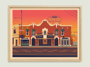 Vista Theatre illustration of a Los Angeles landmark by George Townley – detailed architectural art print capturing the iconic landmark