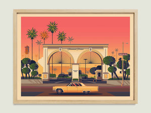 Paramount Pictures Gate illustration of a Los Angeles landmark by George Townley – detailed architectural art print capturing the iconic landmark