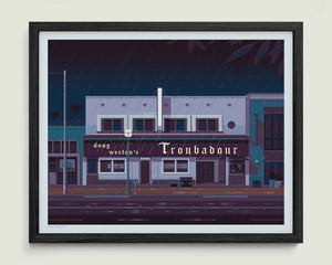 Troubadour illustration of a Los Angeles landmark by George Townley – detailed architectural art print capturing the iconic landmark