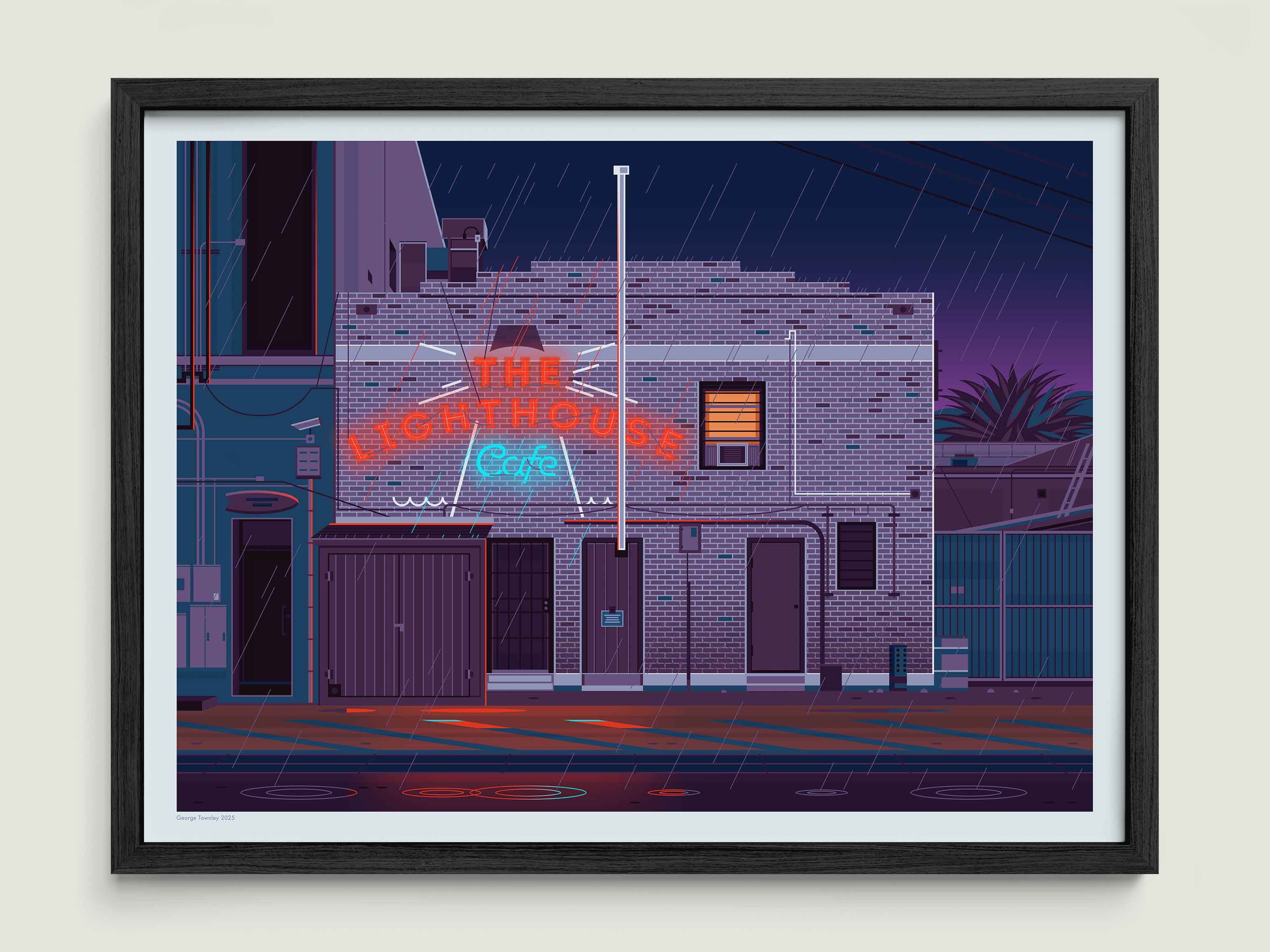 The Lighthouse Cafe illustration of a Los Angeles landmark by George Townley – detailed architectural art print capturing the iconic landmark