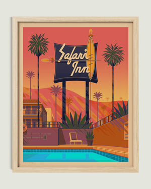Safari Inn illustration of a Los Angeles landmark by George Townley – detailed architectural art print capturing the iconic landmark