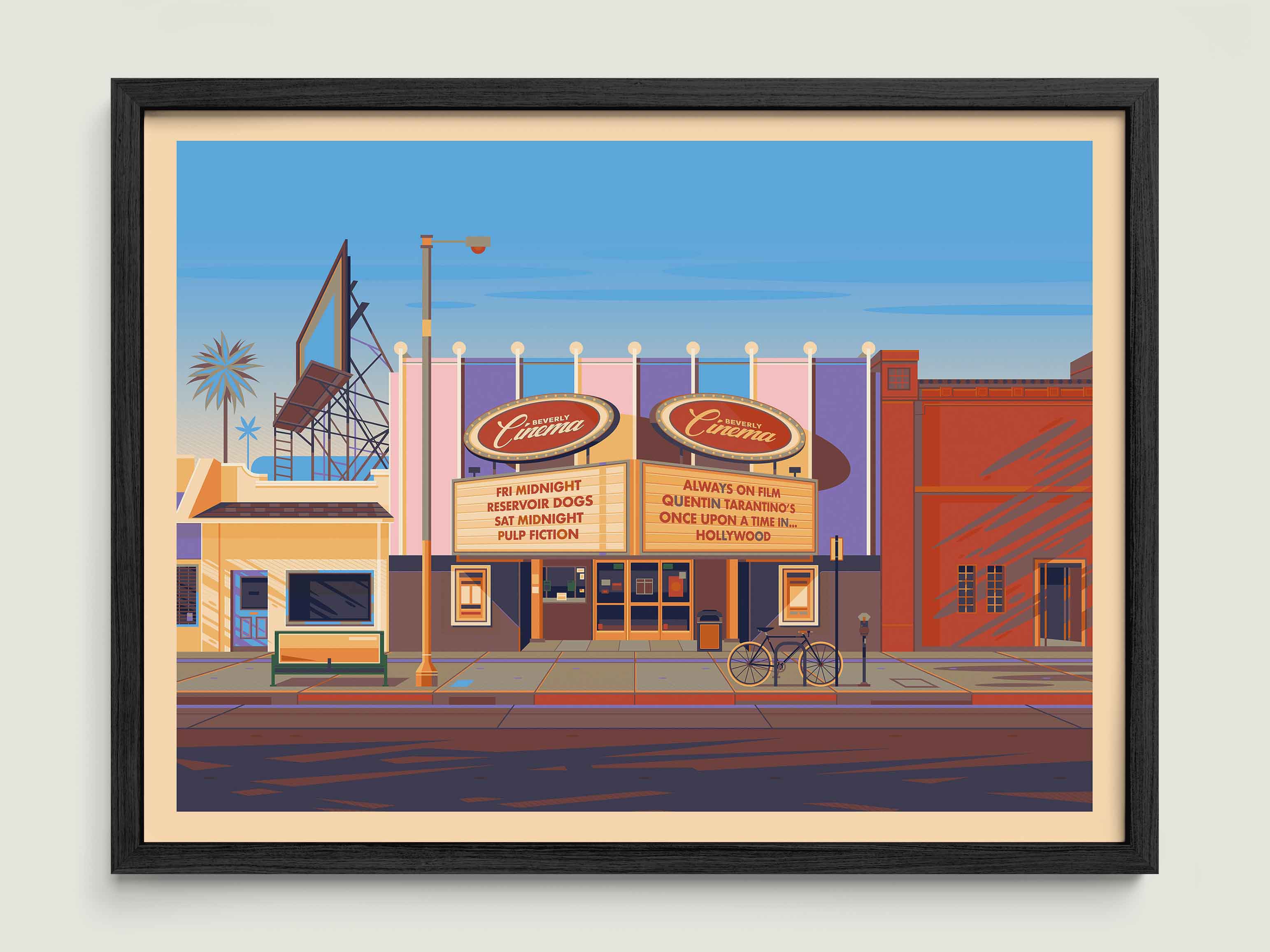 New Beverly Cinema illustration of a Los Angeles landmark by George Townley – detailed architectural art print capturing the iconic landmark