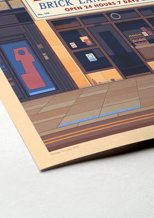 Beigel Bake Brick Lane illustration of a Los Angeles landmark by George Townley – detailed architectural art print capturing the iconic landmark