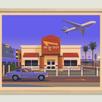 In - N - Out LAX illustration of a Los Angeles landmark by George Townley – detailed architectural art print capturing the iconic landmark