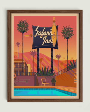 Safari Inn illustration of a Los Angeles landmark by George Townley – detailed architectural art print capturing the iconic landmark