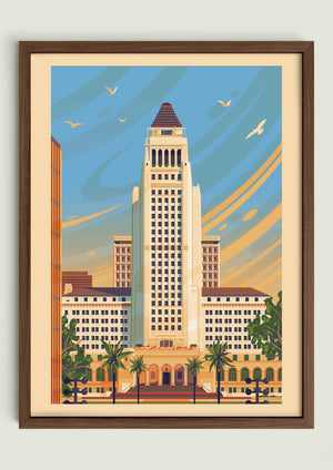 Los Angeles City Hall illustration of a Los Angeles landmark by George Townley – detailed architectural art print capturing the iconic landmark