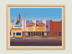 New Beverly Cinema illustration of a Los Angeles landmark by George Townley – detailed architectural art print capturing the iconic landmark