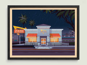 In - N - Out Hollywood (Retrospective Edition) illustration of a Los Angeles landmark by George Townley – detailed architectural art print capturing the iconic landmark
