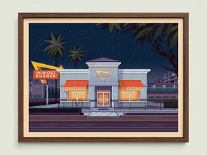 In - N - Out Hollywood illustration of a Los Angeles landmark by George Townley – detailed architectural art print capturing the iconic landmark