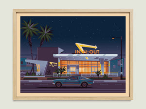 In - N - Out Westwood illustration of a Los Angeles landmark by George Townley – detailed architectural art print capturing the iconic landmark
