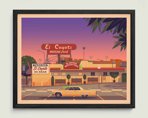 El Coyote Cafe illustration of a Los Angeles landmark by George Townley – detailed architectural art print capturing the iconic landmark
