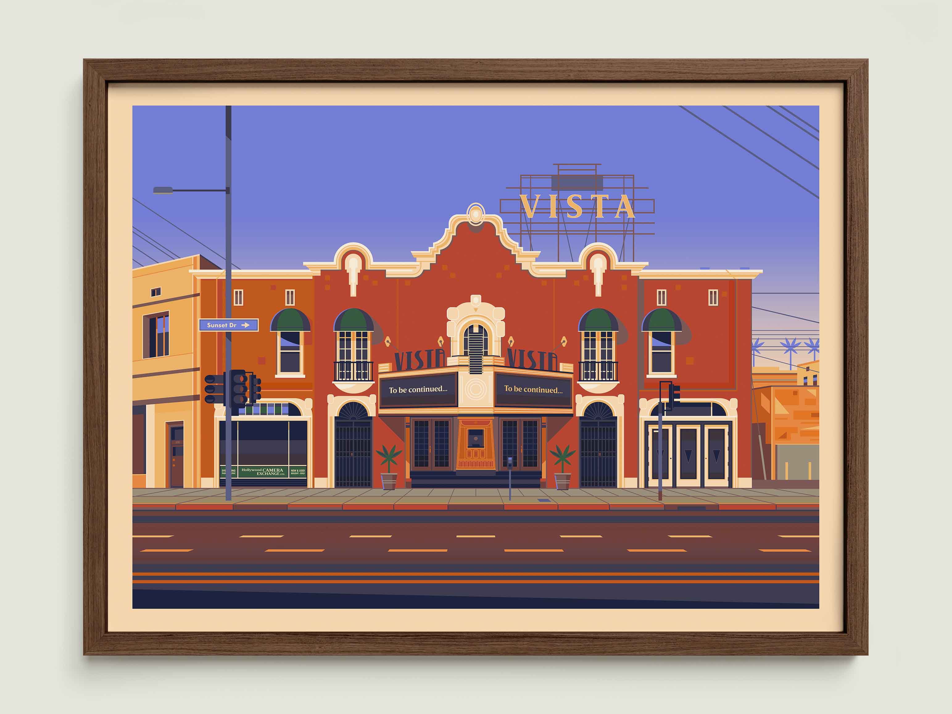 Vista Theatre illustration of a Los Angeles landmark by George Townley – detailed architectural art print capturing the iconic landmark