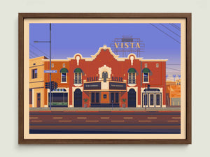 Vista Theatre illustration of a Los Angeles landmark by George Townley – detailed architectural art print capturing the iconic landmark