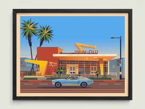 In - N - Out Westwood illustration of a Los Angeles landmark by George Townley – detailed architectural art print capturing the iconic landmark