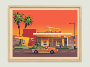 In - N - Out Westwood illustration of a Los Angeles landmark by George Townley – detailed architectural art print capturing the iconic landmark