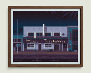 Troubadour illustration of a Los Angeles landmark by George Townley – detailed architectural art print capturing the iconic landmark