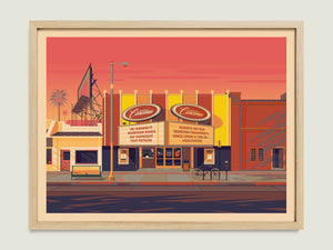 New Beverly Cinema illustration of a Los Angeles landmark by George Townley – detailed architectural art print capturing the iconic landmark