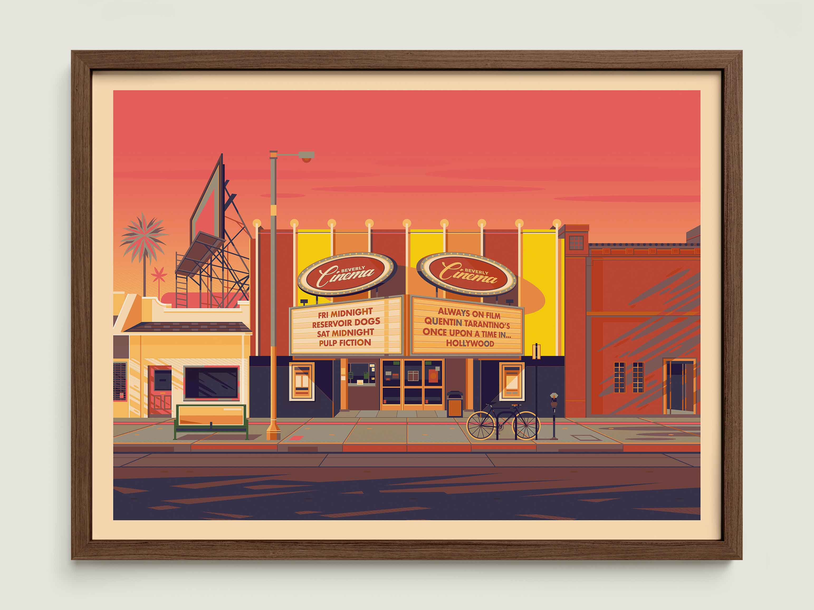 New Beverly Cinema illustration of a Los Angeles landmark by George Townley – detailed architectural art print capturing the iconic landmark
