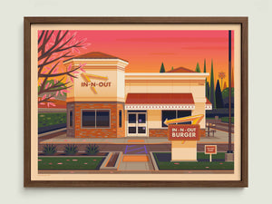 In - N - Out Van Nuys illustration of a Los Angeles landmark by George Townley – detailed architectural art print capturing the iconic landmark