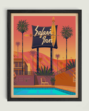 Safari Inn illustration of a Los Angeles landmark by George Townley – detailed architectural art print capturing the iconic landmark