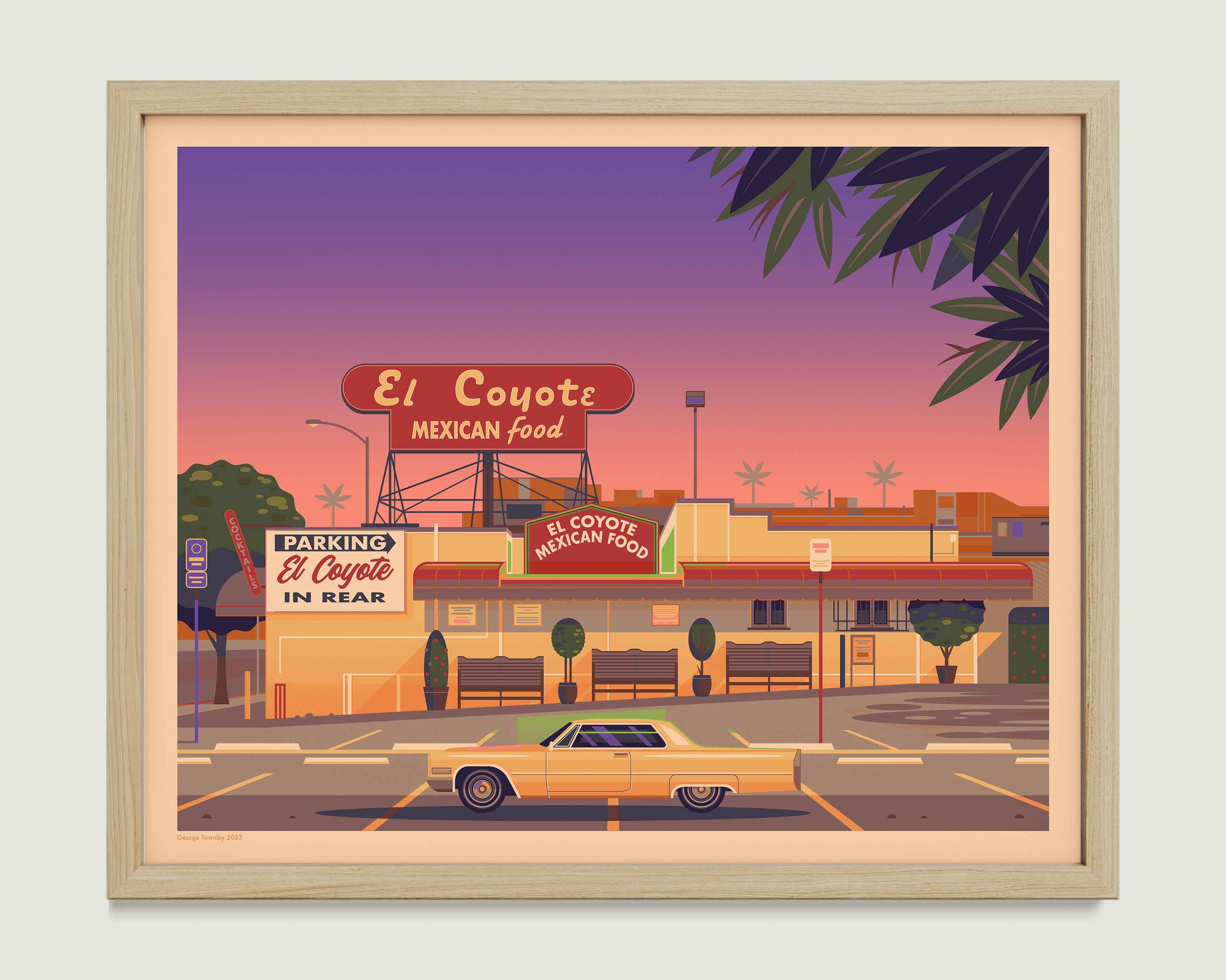 El Coyote Cafe illustration of a Los Angeles landmark by George Townley – detailed architectural art print capturing the iconic landmark