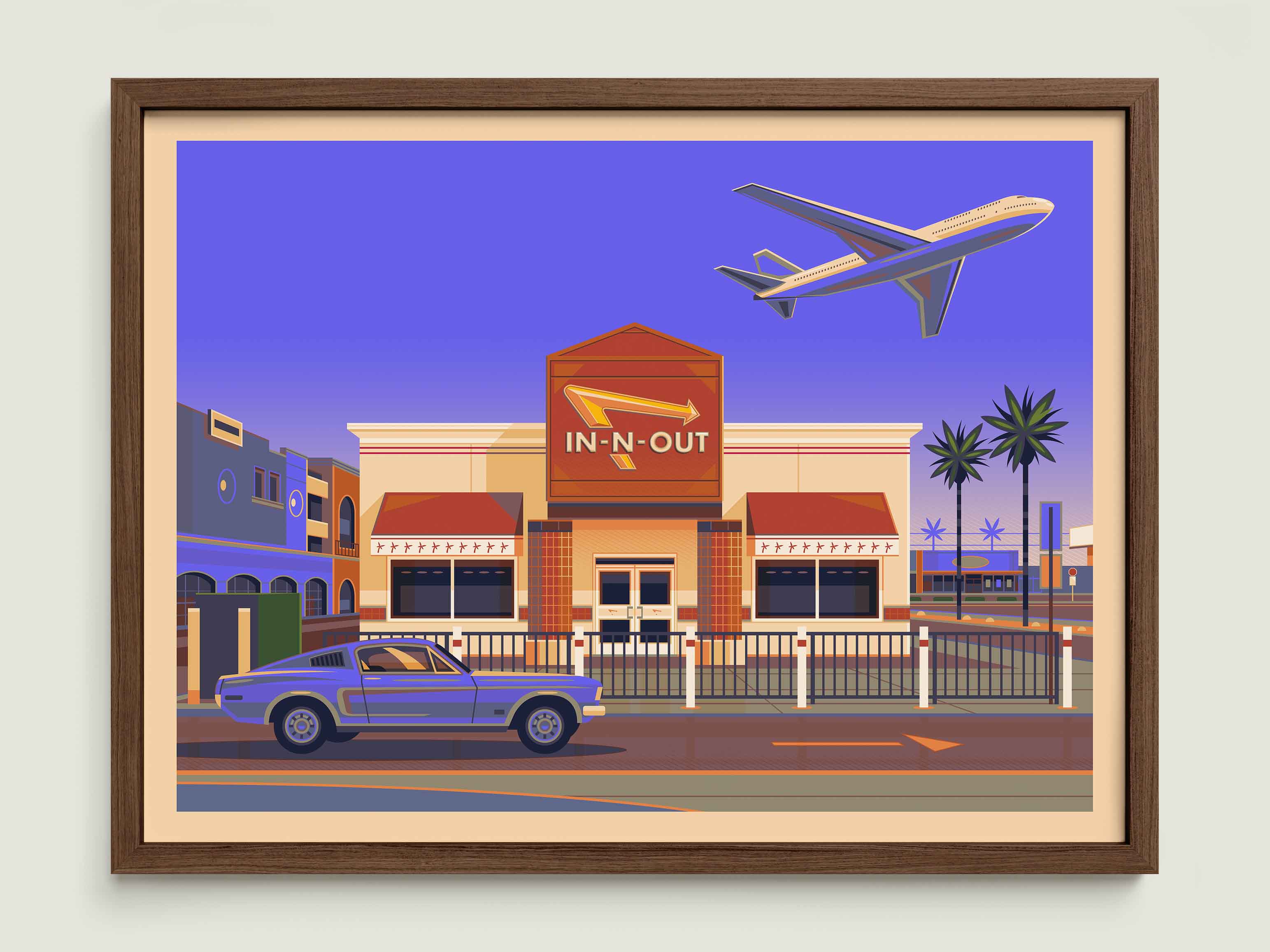 In - N - Out LAX illustration of a Los Angeles landmark by George Townley – detailed architectural art print capturing the iconic landmark