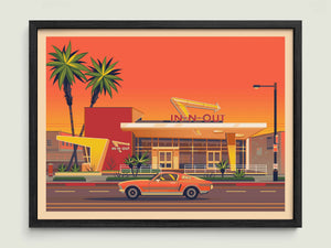 In - N - Out Westwood illustration of a Los Angeles landmark by George Townley – detailed architectural art print capturing the iconic landmark