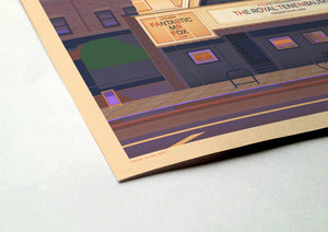 Everyman Screen on the Green illustration of a Los Angeles landmark by George Townley – detailed architectural art print capturing the iconic landmark