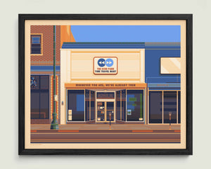 Echo Park Time Travel Mart illustration of a Los Angeles landmark by George Townley – detailed architectural art print capturing the iconic landmark