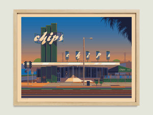 Chips Restaurant illustration of a Los Angeles landmark by George Townley – detailed architectural art print capturing the iconic landmark