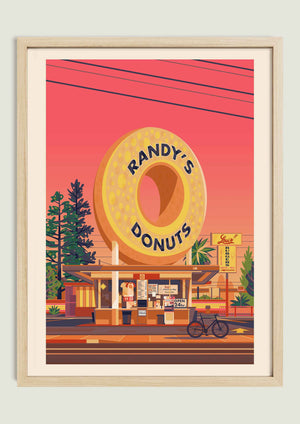 Randy's Donuts illustration of a Los Angeles landmark by George Townley – detailed architectural art print capturing the iconic landmark