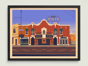 Vista Theatre illustration of a Los Angeles landmark by George Townley – detailed architectural art print capturing the iconic landmark