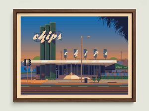 Chips Restaurant illustration of a Los Angeles landmark by George Townley – detailed architectural art print capturing the iconic landmark