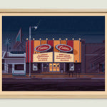 New Beverly Cinema illustration of a Los Angeles landmark by George Townley – detailed architectural art print capturing the iconic landmark