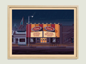 New Beverly Cinema illustration of a Los Angeles landmark by George Townley – detailed architectural art print capturing the iconic landmark