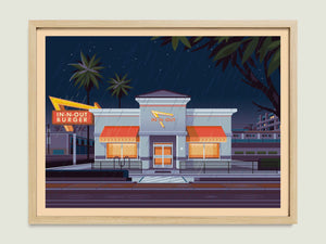 In - N - Out Hollywood illustration of a Los Angeles landmark by George Townley – detailed architectural art print capturing the iconic landmark